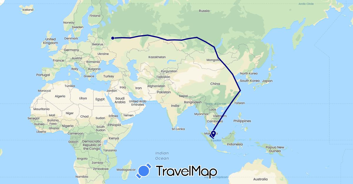 TravelMap itinerary: driving in China, Mongolia, Malaysia, Russia, Singapore (Asia, Europe)